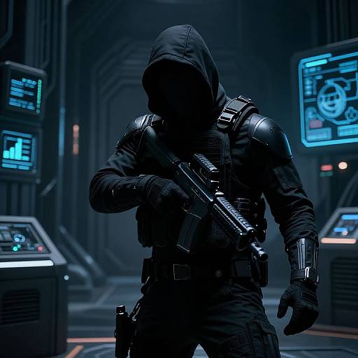 Silhouetted, hooded, armored figure in dark tactical gear and gloves, holding a gun, in a futuristic, blue-lit sci-fi