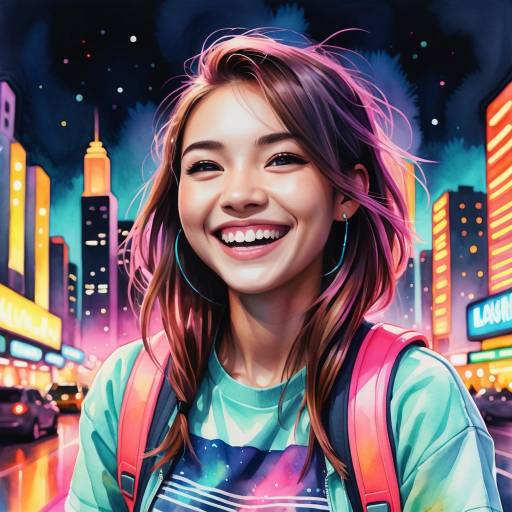 Joyful Teen in Neon City Portrait