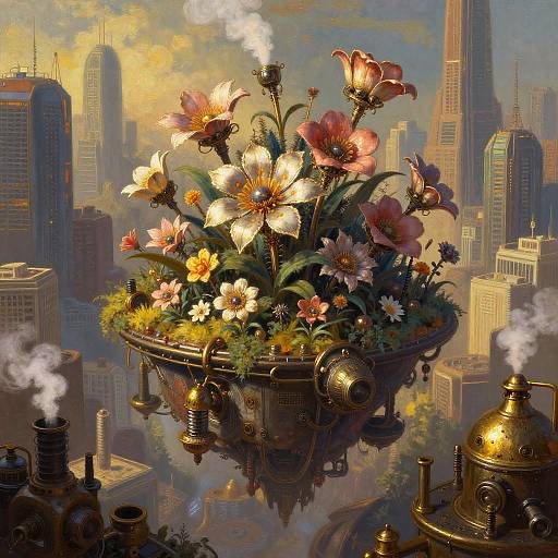 Steampunk Robotic Flowers in Cyber Metropolis