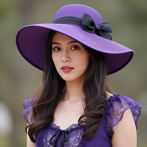 Photograph of an Asian woman with long black hair, wearing a purple striped wide-brimmed hat with a black bow, and a lace-trim
