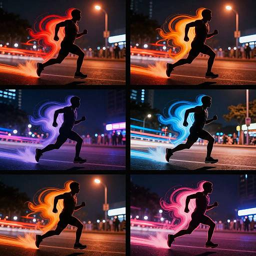 Photograph of a running silhouette with fiery, colorful trails (red, orange, blue, purple) against a nighttime urban street scene.