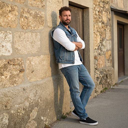 Photograph of a bearded man with short brown hair, leaning against a stone wall, wearing a white shirt, denim vest, and jeans, with