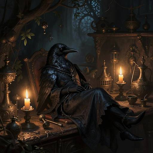 Mysterious Raven Alchemist in Gothic Lab