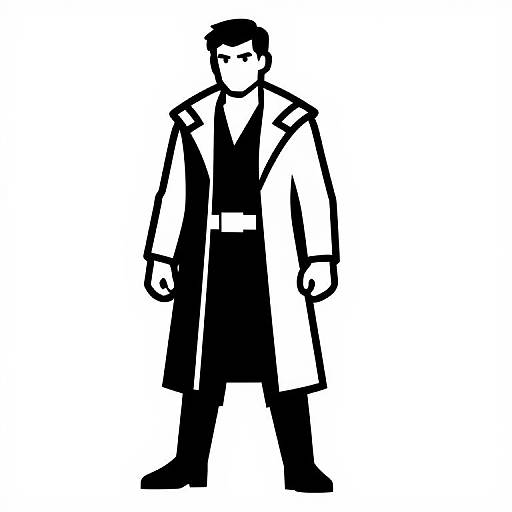 Black and white digital drawing of a stern-looking man in a long, white trench coat over a black vest and pants. Minimalist, bold lines.