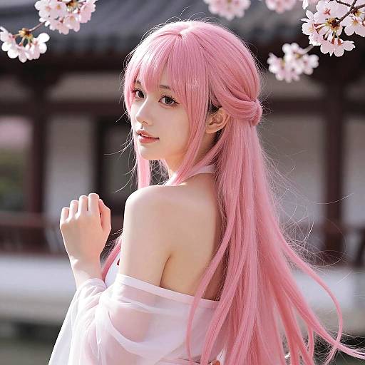 Photograph of a young Asian woman with long pink hair, wearing a white off-shoulder top, looking over her shoulder amidst cherry blossoms.