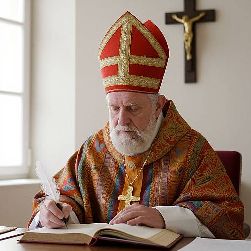 Elderly Bishop Writing with Quill