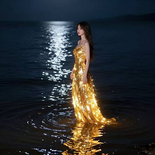 Ethereal Moonlit Figure with Golden Gown