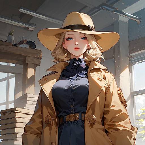 Elegant Woman in Trenchcoat and Wide-Brim Hat