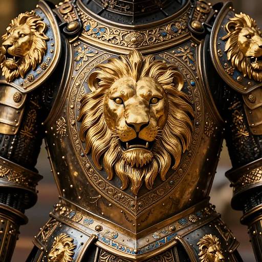 Close-up photograph of ornate, golden lion-faced medieval armor with intricate blue and gold detailing, featuring regal, fierce expression.