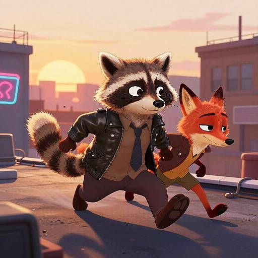 Raccoon Detective Chases Fox