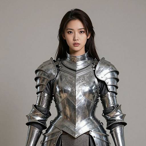 Photograph of an Asian woman with long black hair in shiny, silver medieval-style armor, standing against a plain gray background.