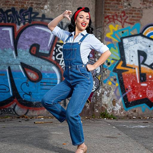 Vintage-style photograph of a smiling woman with red headband, blue denim overalls, white shirt, and red lipstick, dancing in a graffiti-covered urban