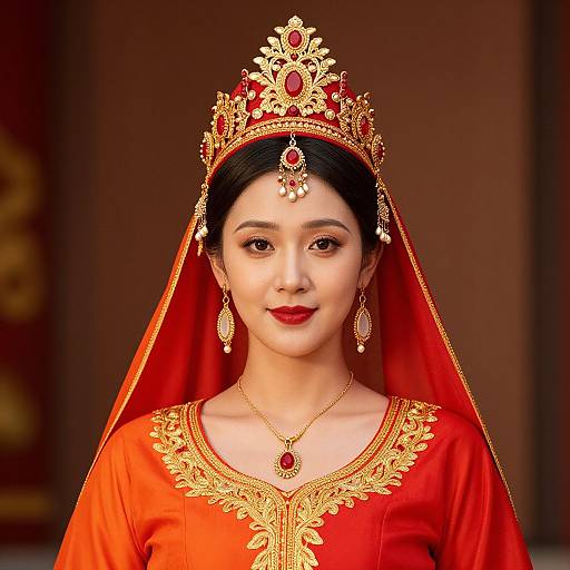 Photograph of an Asian bride in a vivid red traditional outfit with gold embroidery, wearing a detailed gold and red crown, and matching earrings, set against