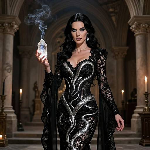 Photograph of a dark-haired woman in a black, sequined, snake-patterned dress, holding a glowing, smoke-emitting crystal in a dim