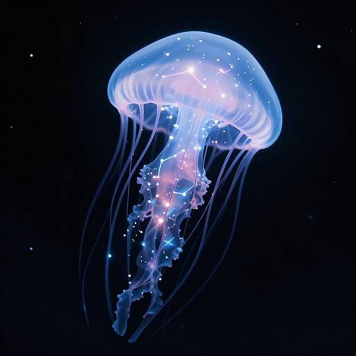 Photograph of a glowing, translucent blue jellyfish with sparkling lights, floating in a dark, star-filled ocean night.
