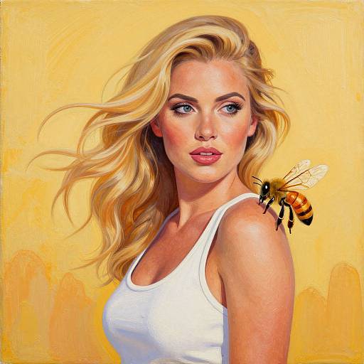 Digital painting of a blonde woman with wavy hair, wearing a white tank top, against a yellow background, with a bee on her shoulder.