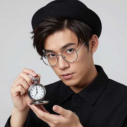 Photograph of an Asian man with black beret, round glasses, black shirt, holding a pocket watch with a serious expression.