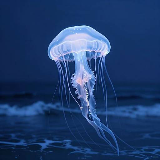 Photograph of a glowing, translucent jellyfish with long, flowing tentacles, illuminated in bright blue against a dark, oceanic background.