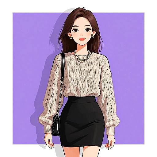 Digital anime-style drawing of a smiling young woman with long brown hair, wearing a beige knit sweater, black high-waisted skirt, and pearl necklace