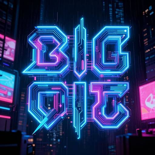 Neon blue and pink cyberpunk-style digital text 