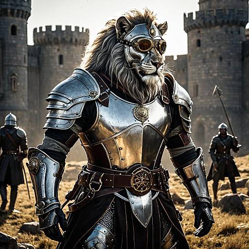 Armored Anthropomorphic Lion Warrior on Medieval Battlefield