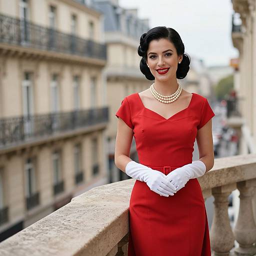 Photograph of a smiling woman in a vintage-style red dress, white gloves, pearl necklace, and short black hair, standing on a Parisian balcony
