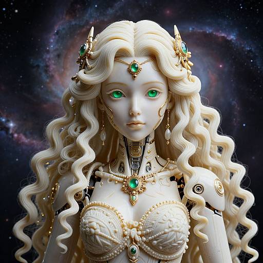 Digital art of a futuristic, ethereal blonde woman with green eyes, wearing ornate gold and gem jewelry, against a cosmic galaxy background.