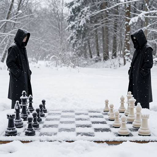 Photograph of two hooded figures in black coats standing in a snowy forest, facing each other in a snow-covered chess match. Black and white chess
