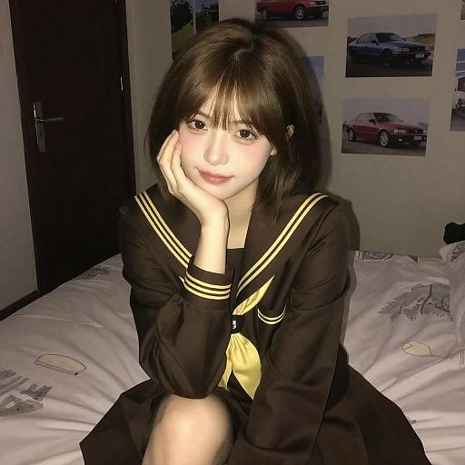 Young Woman in School Uniform on Bed