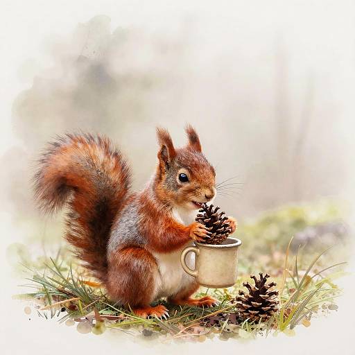Photorealistic digital artwork of a cute red squirrel with fluffy tail, holding pine cones in a small white mug, sitting on grass in a softly blurred