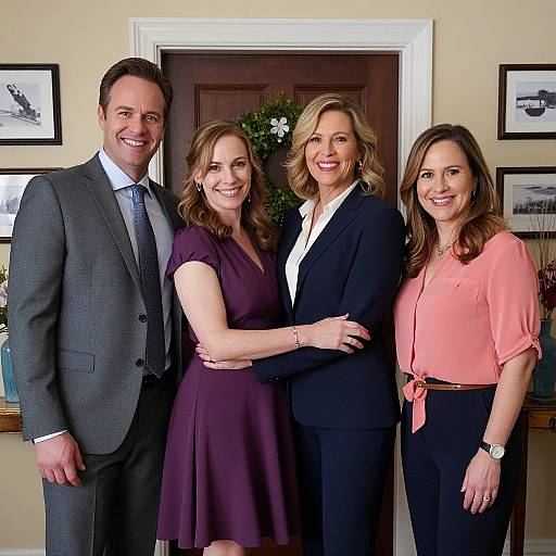 Photograph of four smiling adults: man in gray suit, woman in purple dress, woman in black blazer, woman in pink blouse, standing in