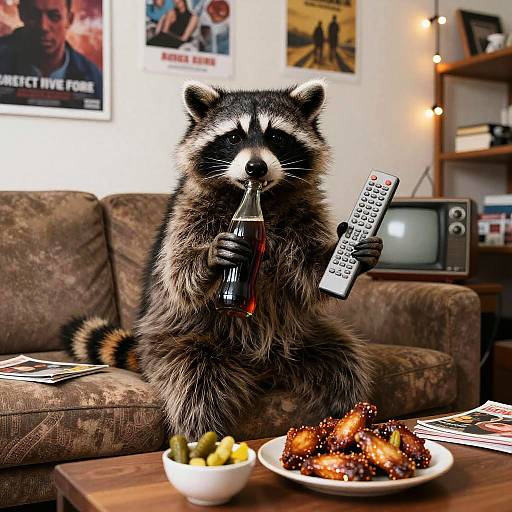 Mischievous Raccoon on Retro Couch