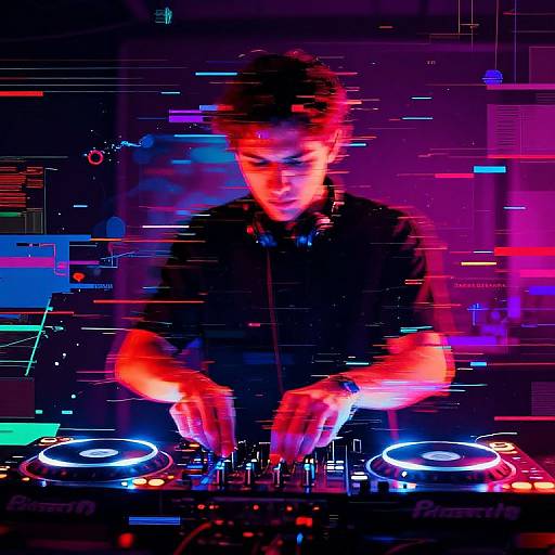 Neon-lit photograph of a young DJ with curly hair, focused on mixing records, surrounded by vibrant, colorful digital glitches.