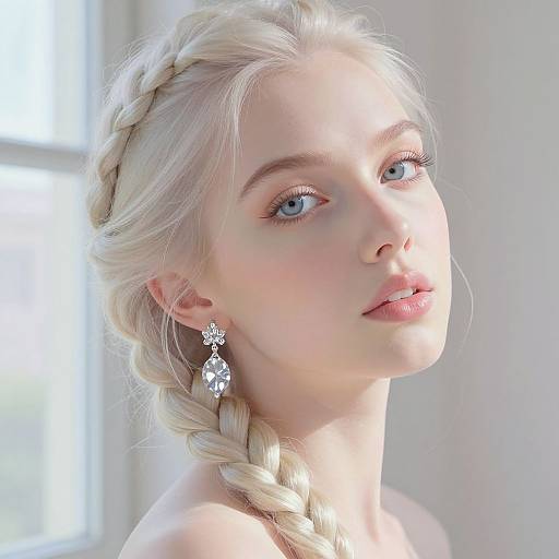 Photograph of a fair-skinned, blonde woman with braided hair, blue eyes, and delicate flower earrings, illuminated by soft natural light.