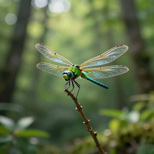 Photograph of a vibrant green and blue dragonfly with transparent, intricately veined wings perched on a thin branch in a sunlit, blurred