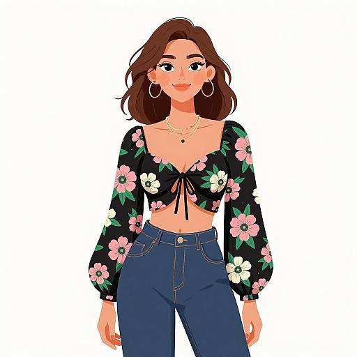 Smiling Boho Woman in Floral Crop Top