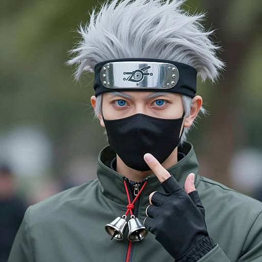 Cosplayer in Gray Wig with Headband and Bell Necklace