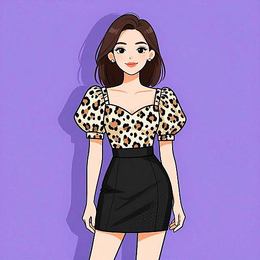 Digital anime-style drawing of a smiling woman with fair skin, brown hair, wearing a leopard-print top and black skirt, against a purple background.
