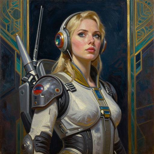 Digital painting of a blonde woman with blue eyes, wearing futuristic armor with headphones, and a shoulder-mounted gun, in a dark, ornate hallway.