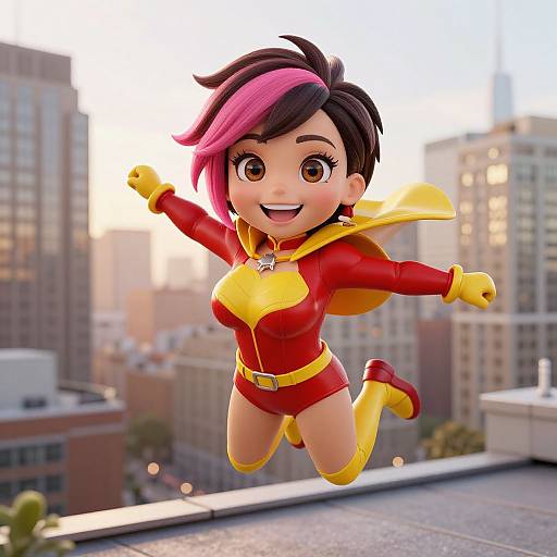 CGI cartoon of a cheerful, short-haired girl with pink and black hair, jumping in a red and yellow superhero outfit, against a cityscape background