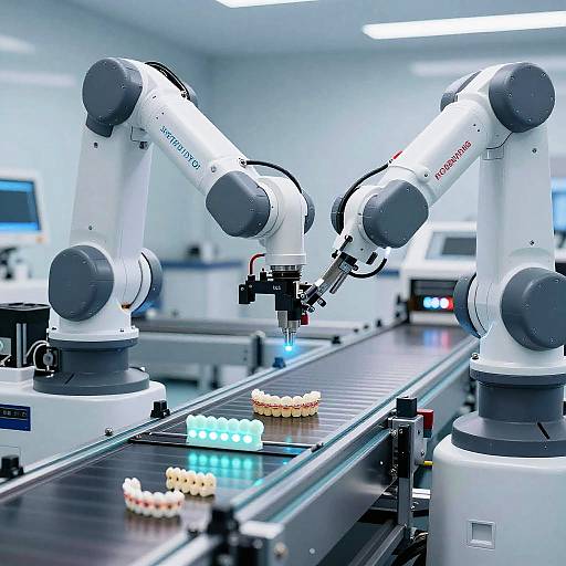 Photograph of three white, robotic arms with gray joints on a conveyor belt, sorting small, glowing, white and yellow cylindrical objects in a brightly lit