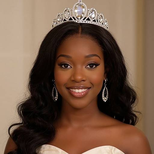 Photograph of a smiling Black woman with long, wavy hair, wearing a sparkling tiara, diamond earrings, and a white off-shoulder