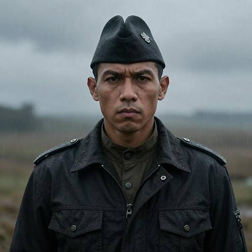 Serious Man in Rainy Military Attire