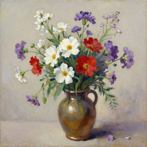 Oil painting of a brown ceramic vase holding a vibrant bouquet of white, red, and purple flowers against a neutral background.