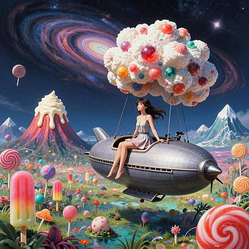 Digital artwork: A woman with long black hair sits in a silver flying saucer, holding a cloud of colorful candy, over a whimsical candy land