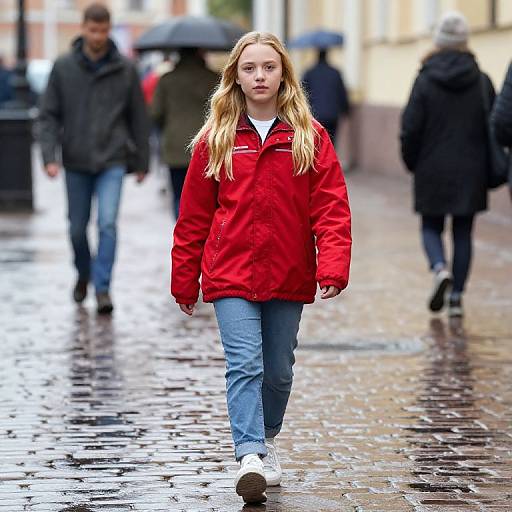 Photograph of a young blonde girl in a bright red jacket and blue jeans, walking alone on a wet, cobblestone street, with blurred pedestrians