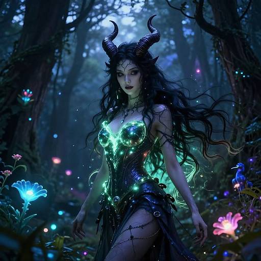 Digital artwork of a dark-haired demon woman with glowing green breasts, black horns, and ethereal forest surroundings, surrounded by colorful bioluminescent flowers