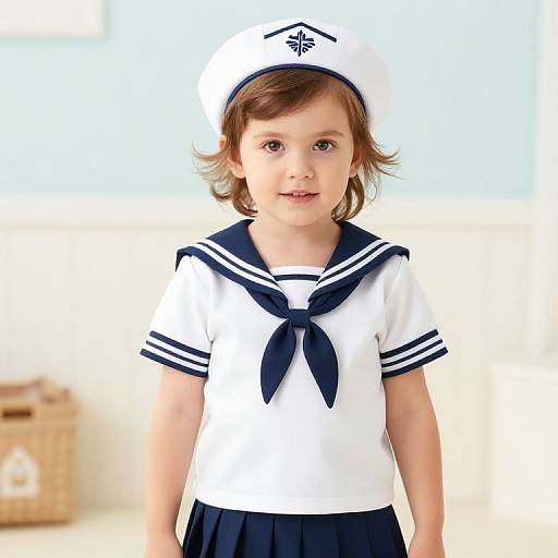 Photograph of a young girl with brown hair, wearing a white sailor uniform with navy stripes and a matching hat, standing indoors against a bright, blurred