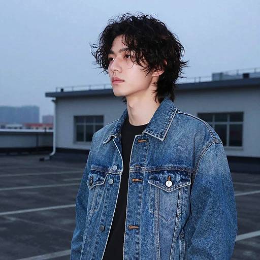 Young Man with Wavy Blowout Hairstyle in Denim Jacket