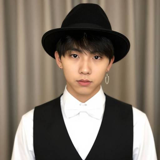 Photograph of an Asian man with straight black hair, wearing a black hat, white shirt, black vest, and silver hoop earring, against a